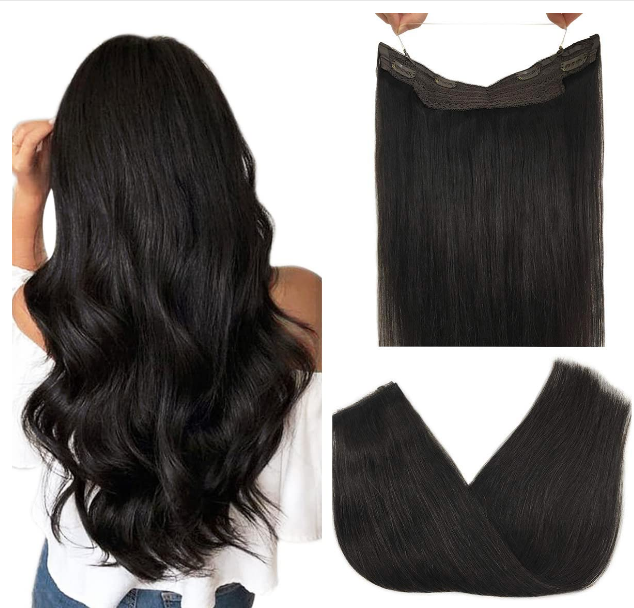 Eliysako Human Hair Extensions Natural Black Wire Hair Extensions 18 Inch 80g Wire Hair Extensions Transparent Line Invisible Hairpiece Straight Hair...